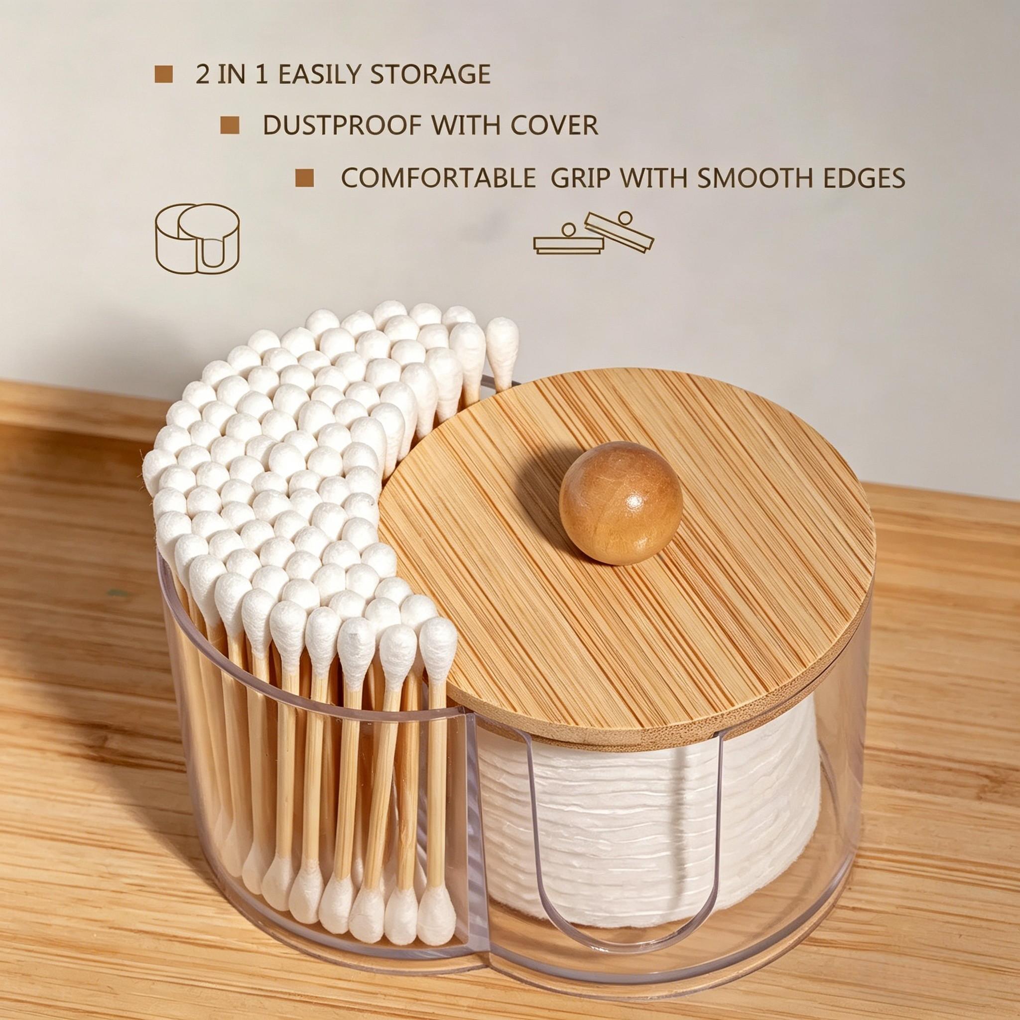 2-In-1 Transparent Cotton Swab Makeup Storage Box, Wooden Lid, Dual Compartment Bathroom Organizer, Space-Saving Vanity Tray, Natural Wood Finish