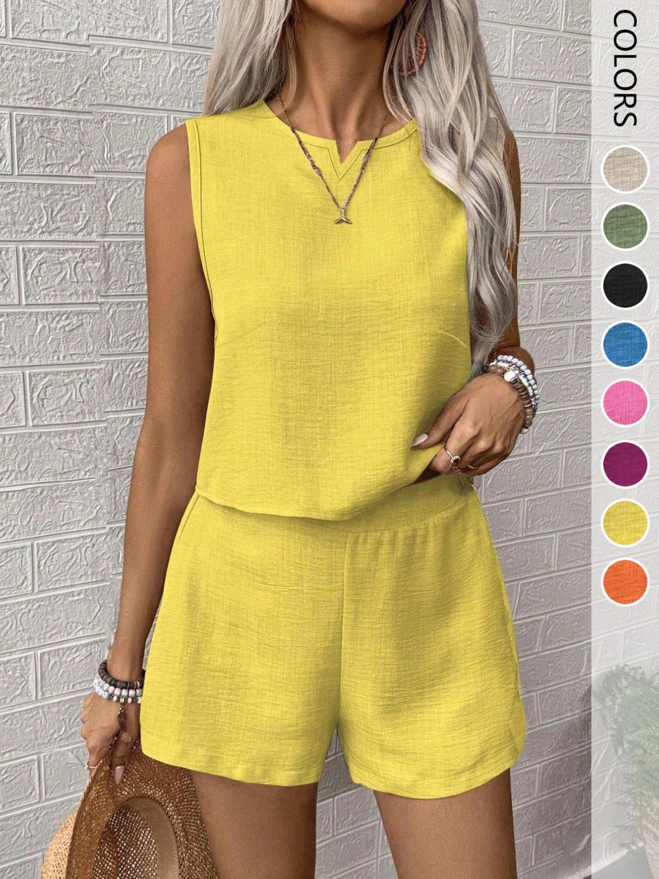 Women's 2-Piece Set, Casual V-Neck Sleeveless Top and Wide Leg Pants, Summer Loose Fit, Home Wear, Office, Vacation, All Seasons, Womenswear