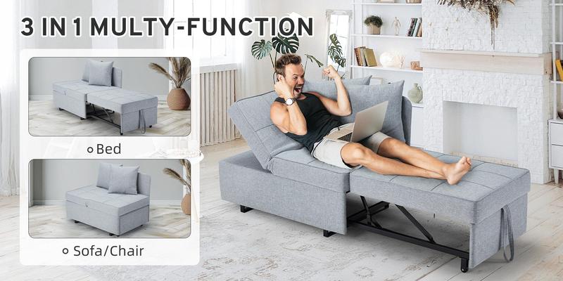 Erommy 69"Sleeper Interior Folding Chair Bed, 3-in-1 Convertible Futon Multi-Functional Sofa Bed Adjustable Reading Chair with Modern Linen Fabric,Light Grey Couch Furniture Living Room  Minimal Design Lounge