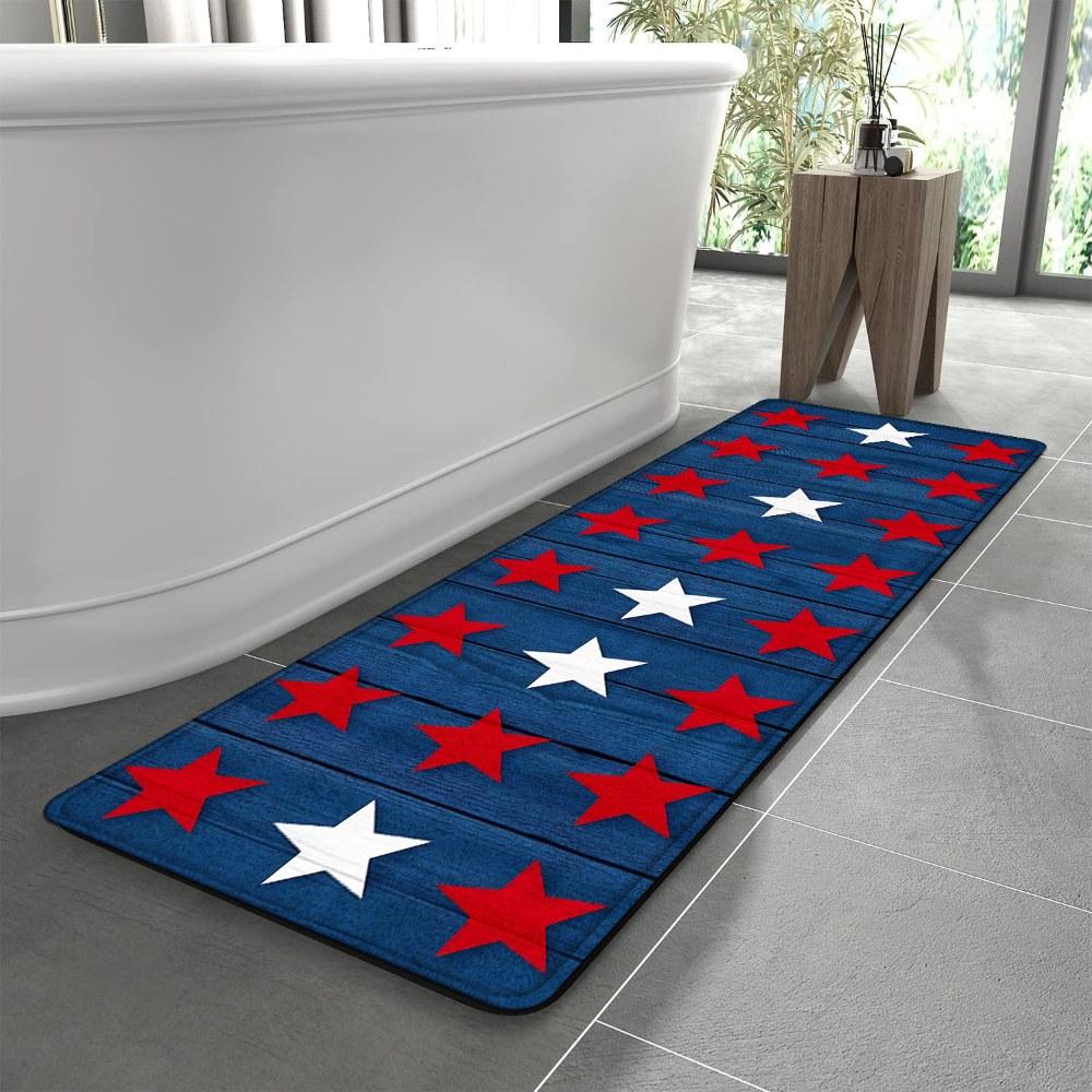 1PC， Red and White Stars on Blue Background Patterned strip rugs, home décor, bathroom mats, entryway mats, bathroom non-slip mats, indoor entrance rugs, bedroom bedside mats, kitchen mats, hallway rugs, flannel sponge rugs, hallway runner rugs