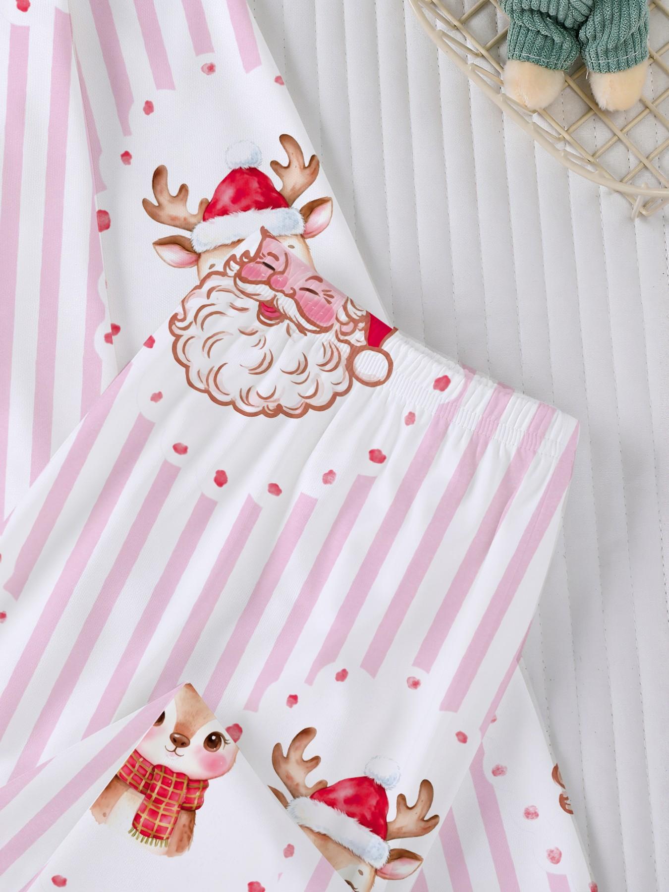 Christmas Pajamas, Striped Santa & Reindeer Print, Long Sleeve, Fitted, Soft & Breathable, Holiday Party Set