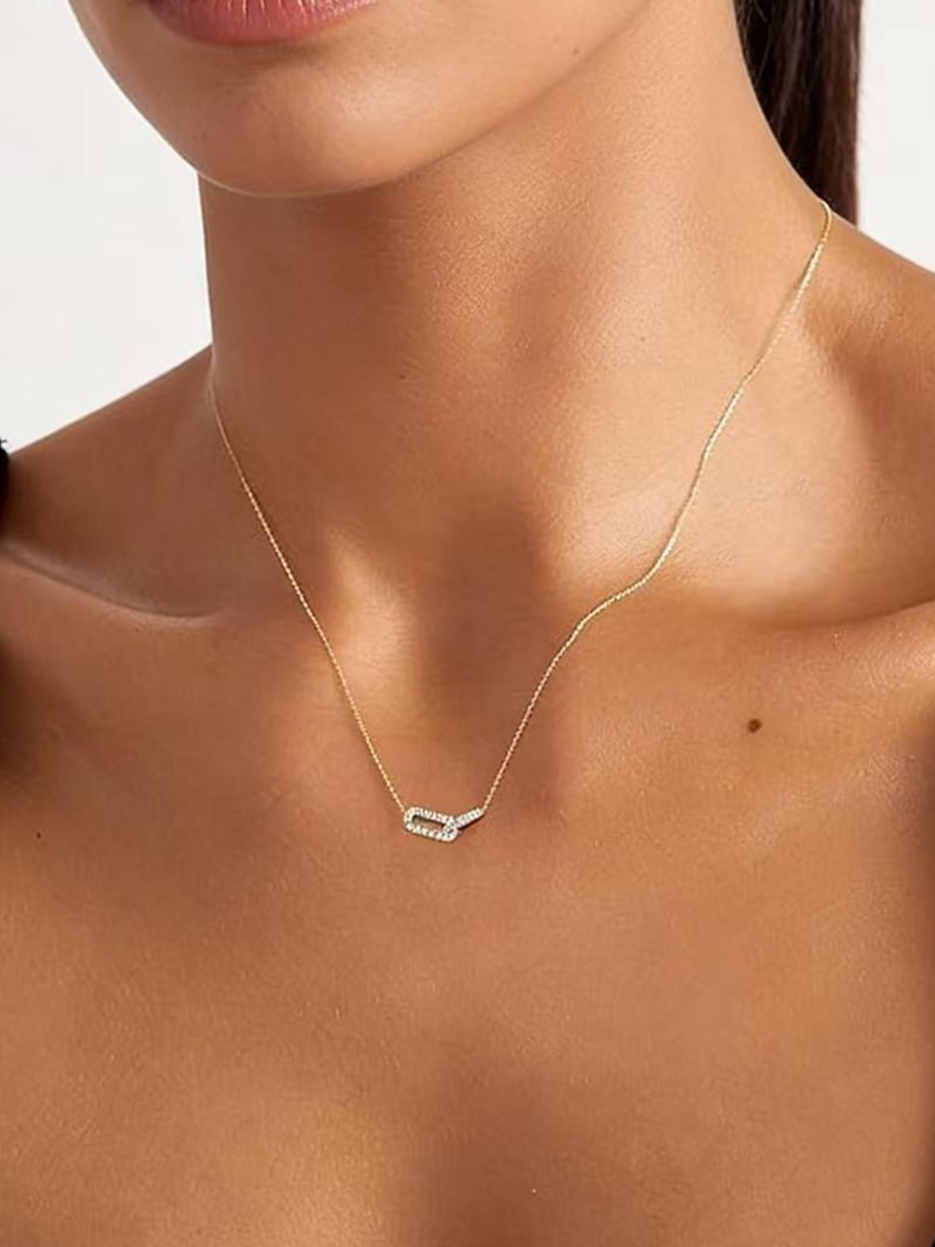 Elegant Pendant Necklace, Delicate Diamond Design, Simple Paperclip Chain, Cute Minimalist Open Oval Necklace, Women's Jewelry Gift