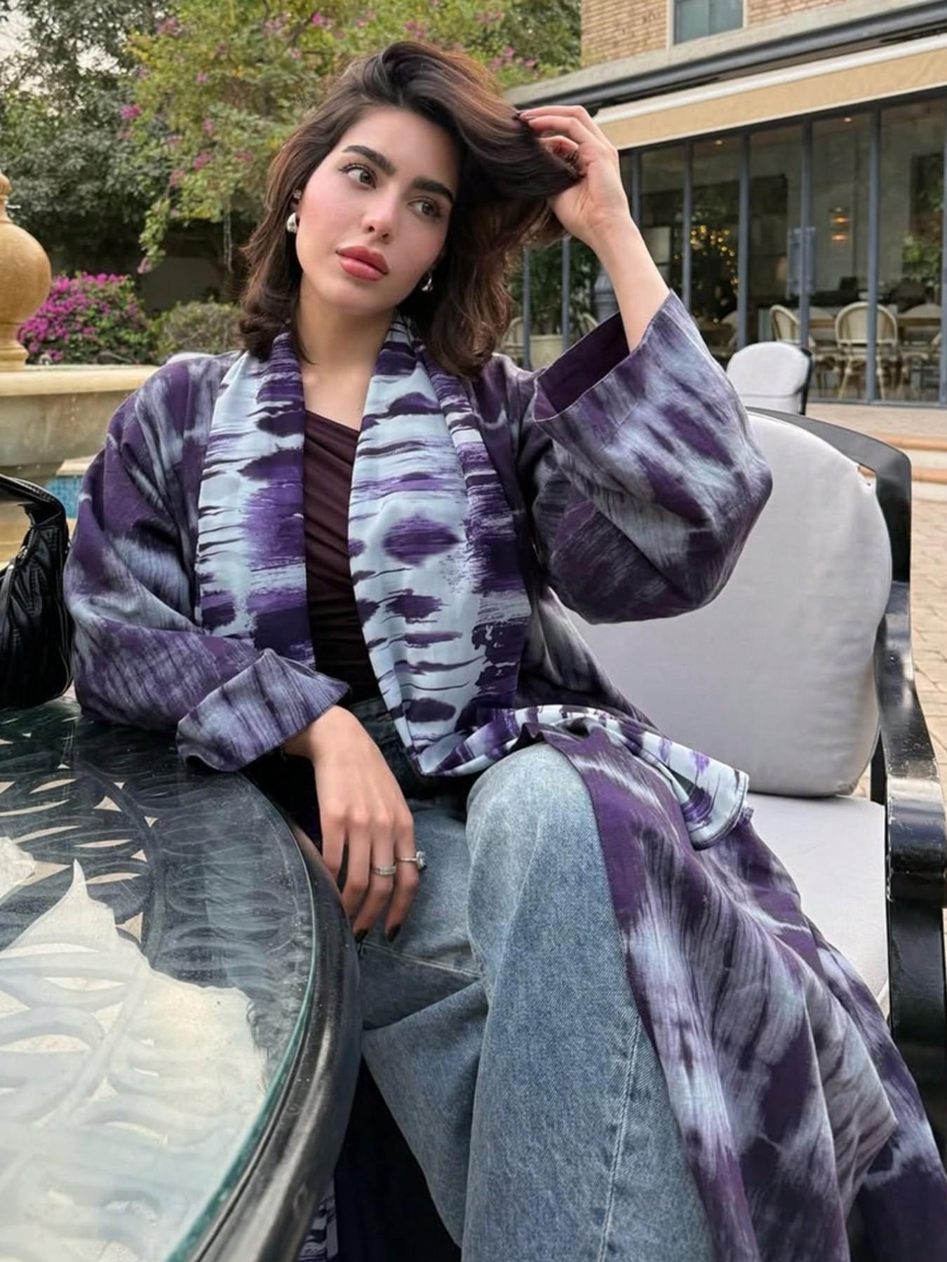 Hafizah Tie-Dye Colorblock Long Cardigan Matching Scarf Set, Loose-Fitting Oversized All-Over Print Outerwear, Casual Women's Fashion for All Seasons