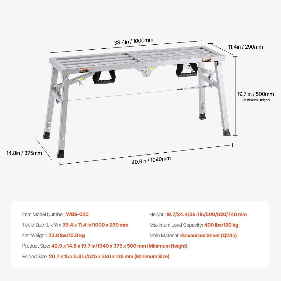 fathersdaygift VEVOR Work Platform, 3 Gear Adjustable Height, Folding Alloy Steel Step Ladder, Portable Scaffolding Platform, 400 lb Load Capacity, Non-Slip Rubber Feet, Drywall Painting Stool, for Cleaning Washing