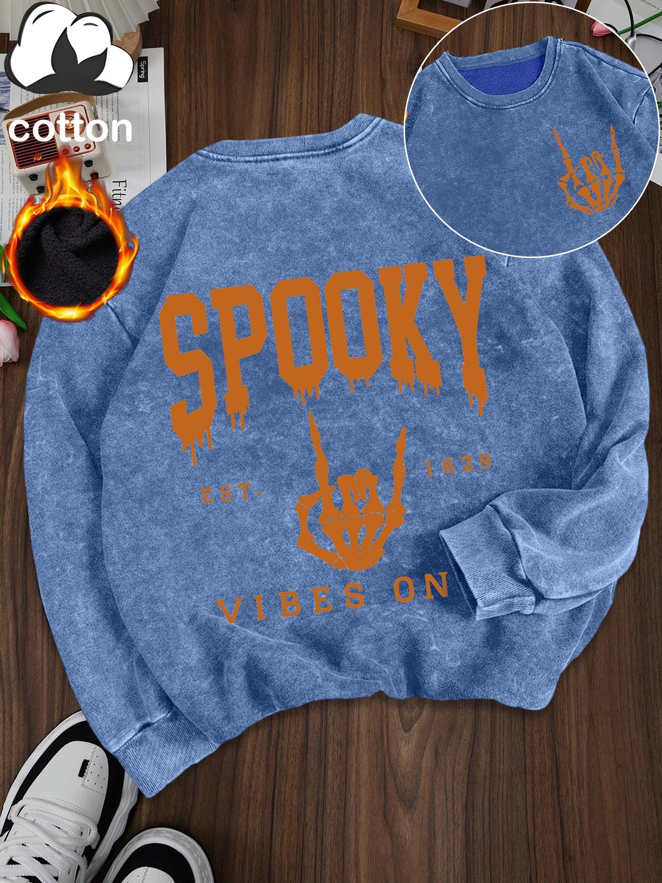 Women's Casual Vintage Wash Cotton Pullover Sweatshirt, Round Neck Long Sleeve Fleece Lined Hoodie for Fall Winter Halloween Fashion