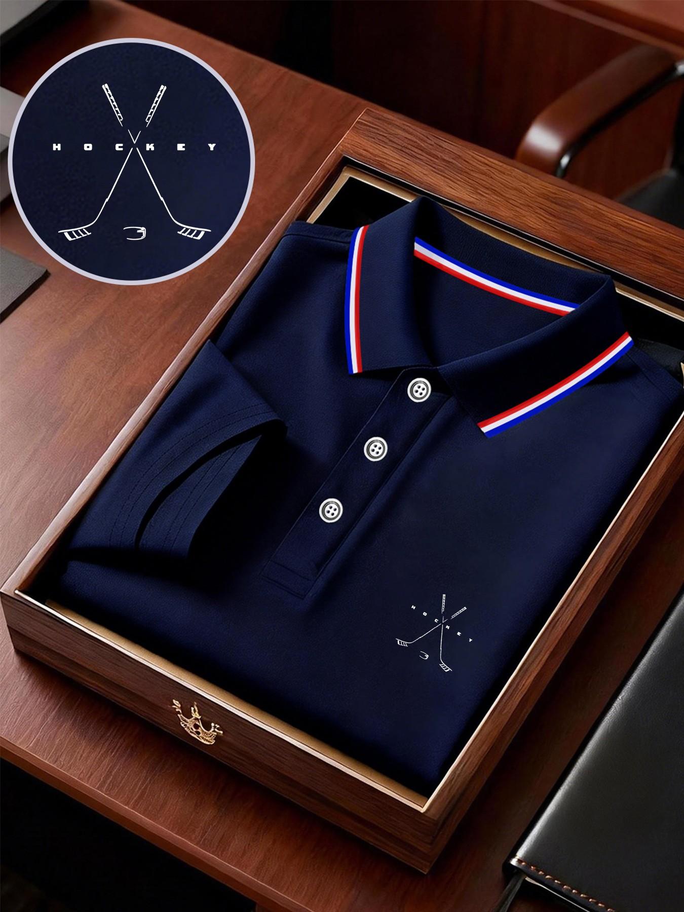 Men's Ice Hockey Print Polo Shirt, Loose-Fit Business T-Shirt, Short Sleeve, Breathable Fabric, Ideal for Outdoor Activities, Gift Option