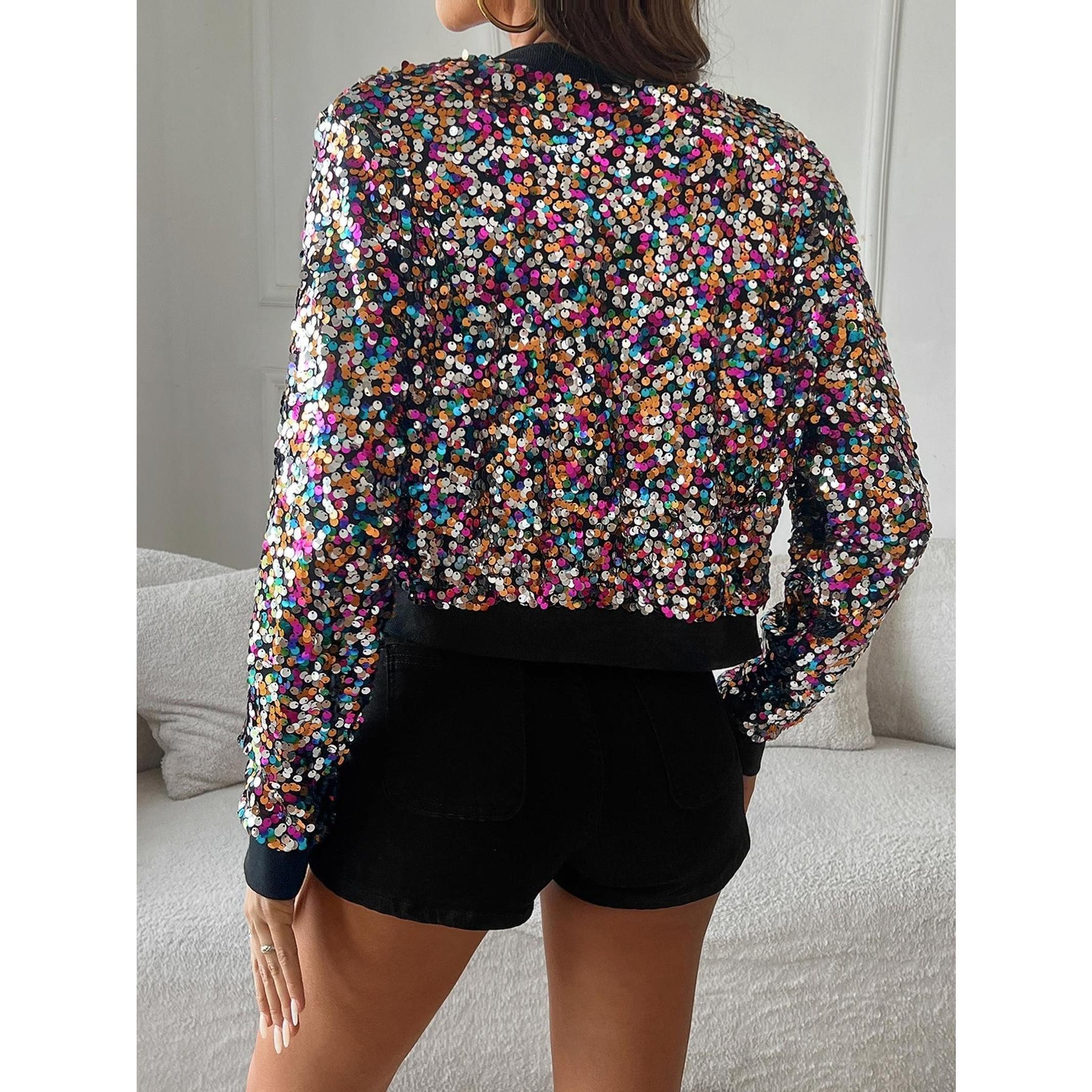 Women's Glitter Sequin Zip Up Jacket, Casual Long Sleeve V Neck Outerwear for Daily Wear, Ladies Clothes for All Seasons, Coats