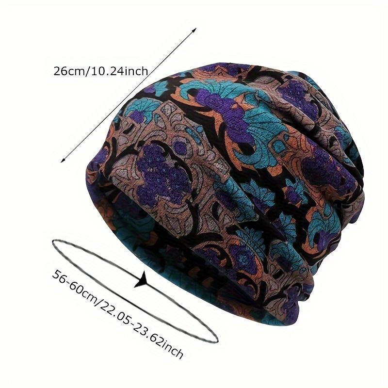 Women's 4-Piece Decorative Knit Fabric Head Covering Hats Set - Bohemian Floral Printed, Brimless, Elastic, Lightweight Multifunctional Fall Winter Warm Headscarf Neck Cover for Chemotherapy Patients