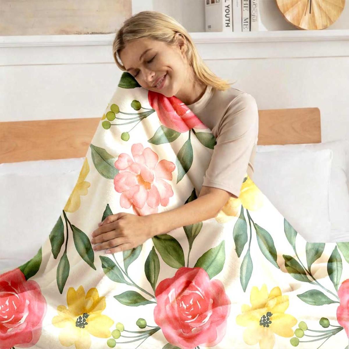 1 Piece Stylish Spring Floral Soft Blanket, All-Season Sofa Leisure Throw Blanket