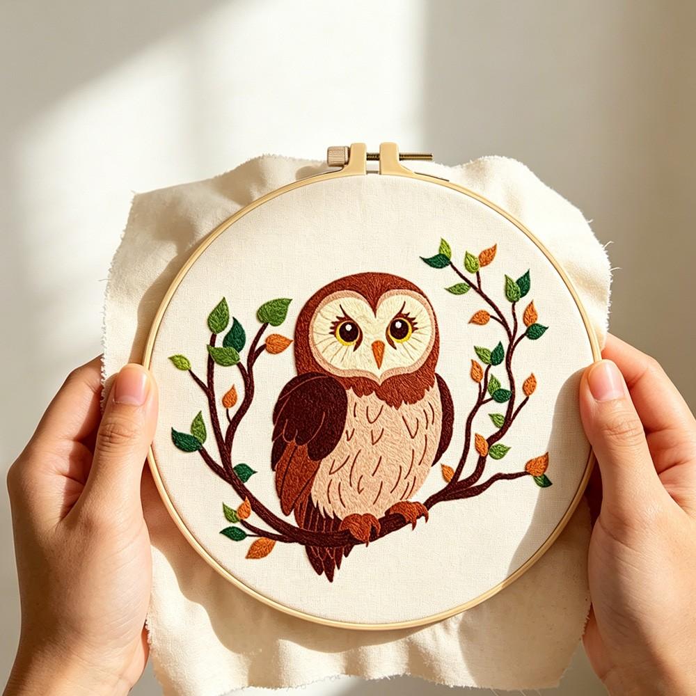 Animal Theme Embroidery Kit for Beginners, Owl Pattern Hand Sewing Set, Includes Fabric, Threads, Tools, Hoop, Instructions, Home Decor, Gift