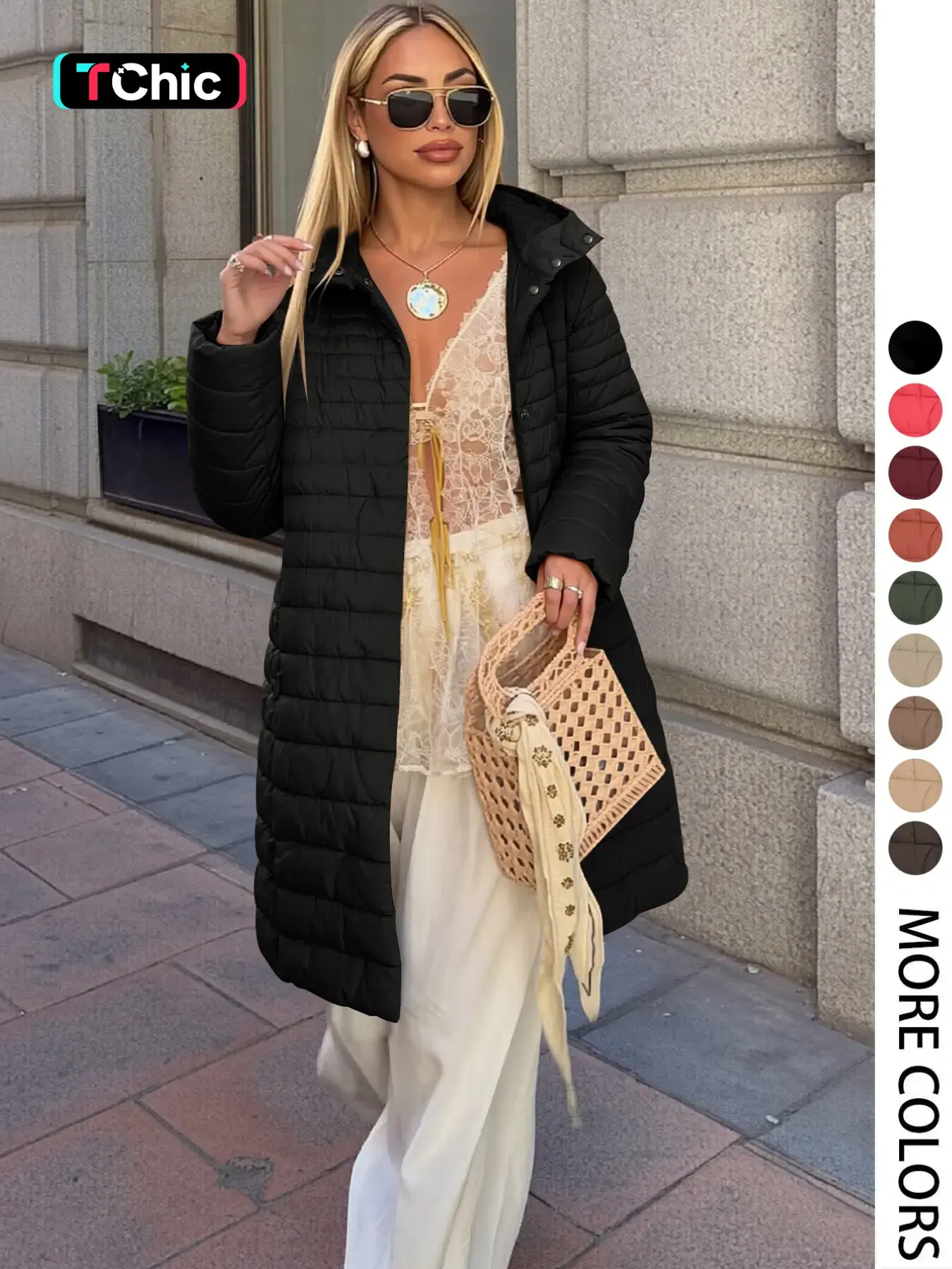 Women's Mid-Length Puffer Coat, Casual Hooded Button Long Sleeve Jacket with Pockets, Womenswear Fall & Winter Warm Woven Outerwear, Lightweight Thick Fabric, Lady, Sleeve