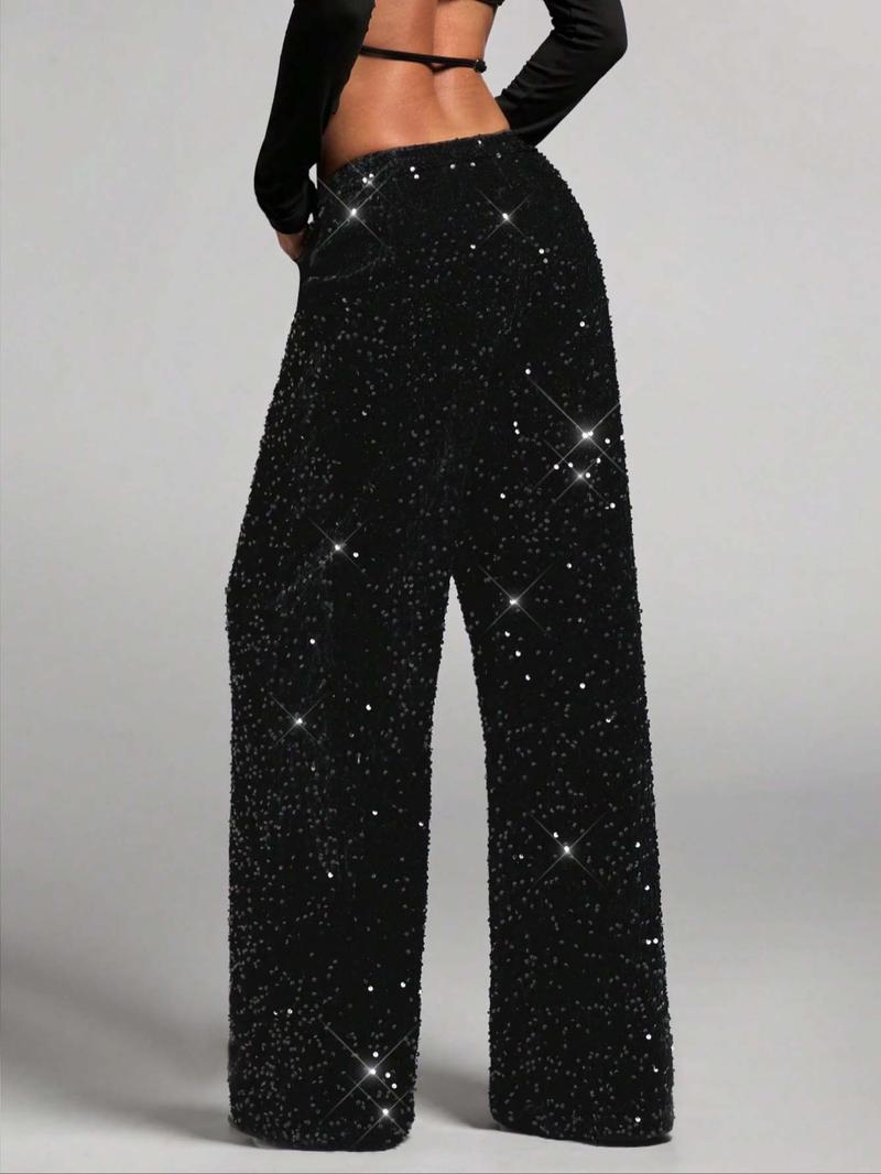 Women's Fashion Pants with Elastic Waistband, Bow Design, Sequins Detailing, Stylish Trousers for Casual Wear