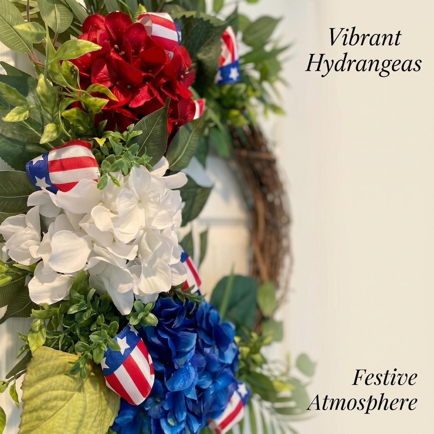 Patriotic Theme Artificial Hydrangea Woven Garland, Blue Hydrangeas with American Flag Design, Rural Cottage Style, Outdoor Decor