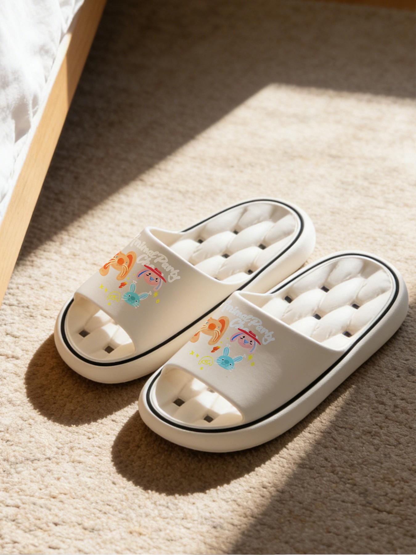 1 Pair Cartoon Animal Letter Printed Hollow Massage Thick Sole Slippers, Cute Healing Style, Non-slip Soft Sole, Quick-dry for Bathroom, Indoor & Outdoor Dual-use, Open Toe Slides, Bathroom Casual Slippers