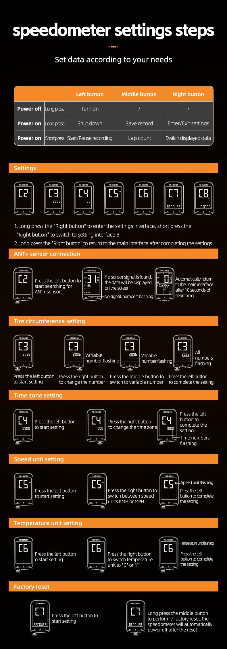 ROCKBROS Bike Computer Wireless Cycling Computers ANT+ Bluetooth Bicycle Computer Mini Speedometer Odometer Waterproof 2.9inch LCD Screen GPS/BDS/Galileo Position System