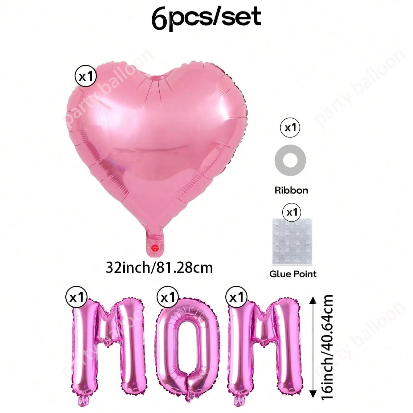 6 Heart Foil Balloons Set, Mother's Day Gift, 32 Inch Love Heart, 16 Inch Mom Letter, Home Decor, Party Props, Store Display