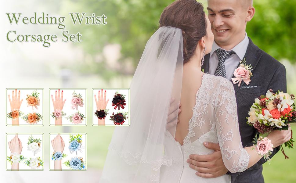 2 Pcs Blue Rose Wrist Corsage and Boutonniere Set, Rose Corsage Hand for Women, Boutonniere for Men Wedding Artificial Flowers Accessories Prom Decor, Wedding Flower Party Accessories (Blue)