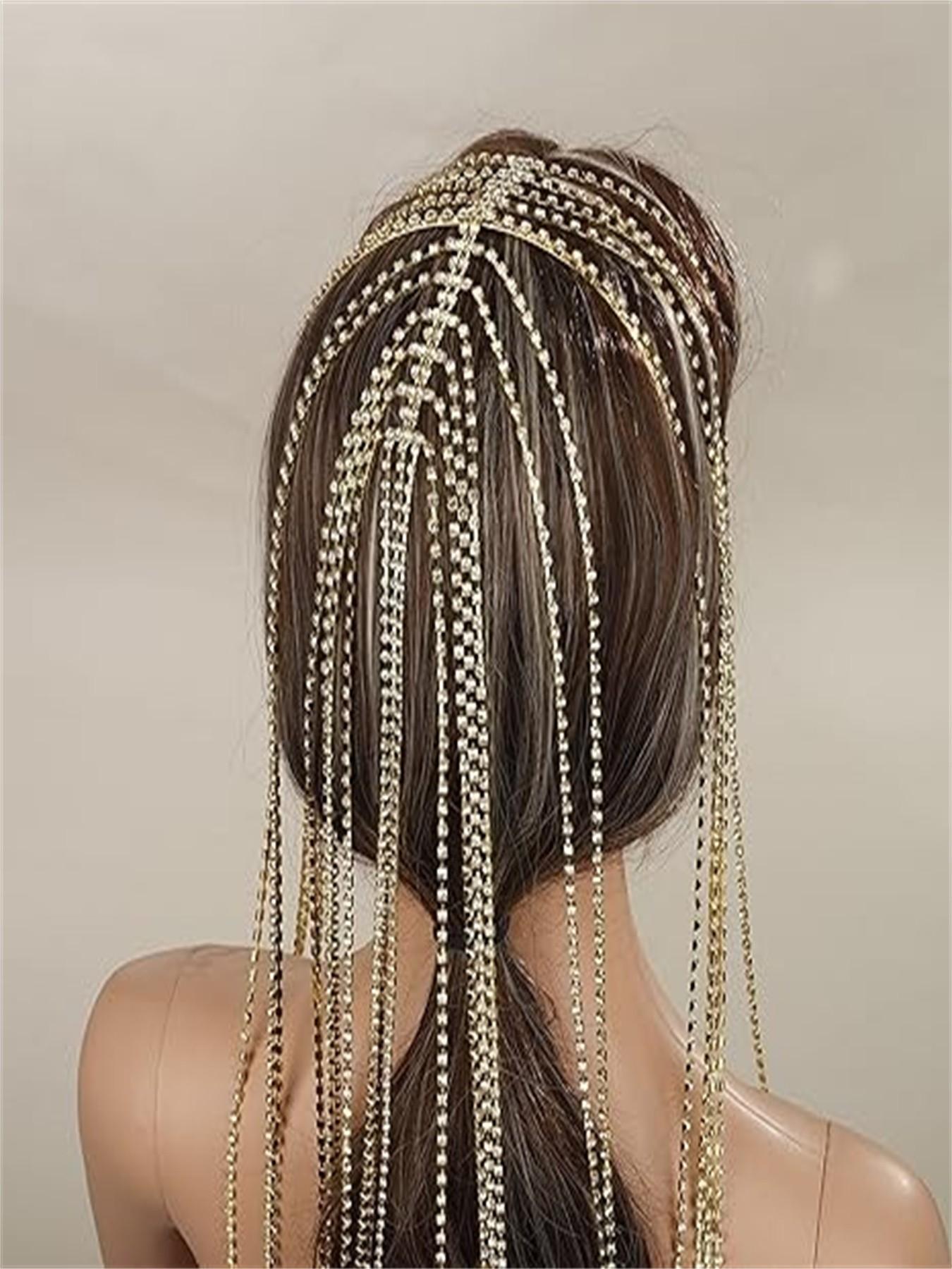 Elegant Silver Color Tennis Chain Headband with Rhinestones and Long Tassels, Crystal Hair Band for Wedding Bride Party Ball Gown