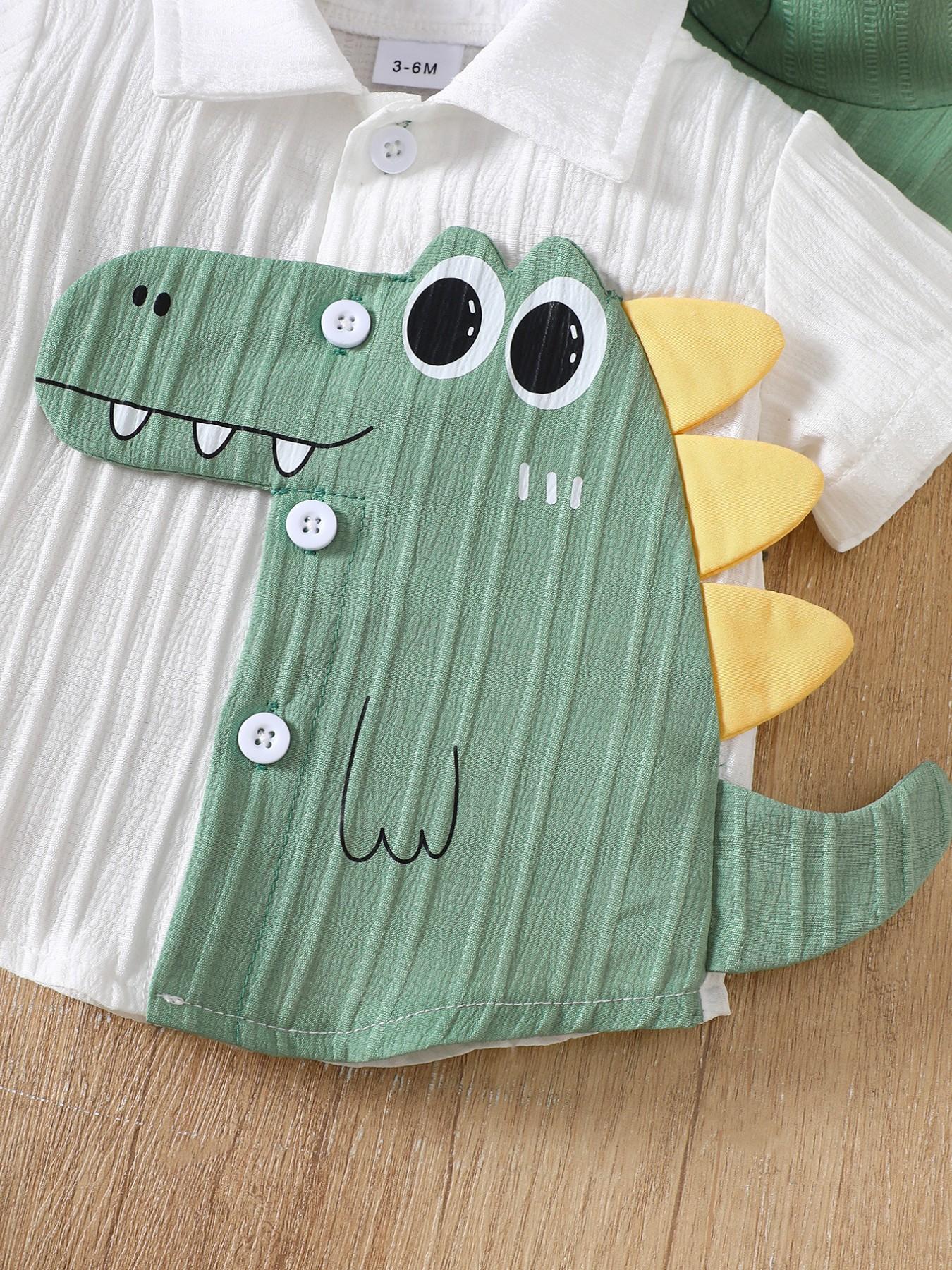 Baby Boys Three-Piece Set Dinosaur Short Sleeve Shirt + Shorts + Sun Hat, Cute Summer, Soft Breathable Fabric