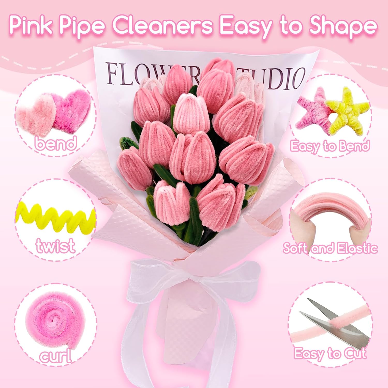 601 count Complete  Pipe Cleaners Flower Kit-Pastel Pipe Cleaners , DIY Craft Supplies for Projects, 6 Colors, with Floral Wires, Tape, Glue Sticks, Ribbon, Stamen, Manual & Video Tutorial