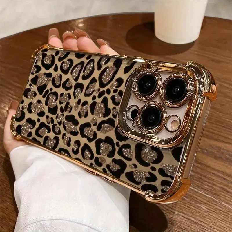 Electroplated Transparent TPU Multi-Model Cellphone Case - Golden Leopard Print, 4-Corner Airbag Shockproof Protection, Casing Cover for iPhone 11,12,13,14,15,16 Pro Max,17 Pro Max,18,Air,Plus | Mobile Phone Accessories
