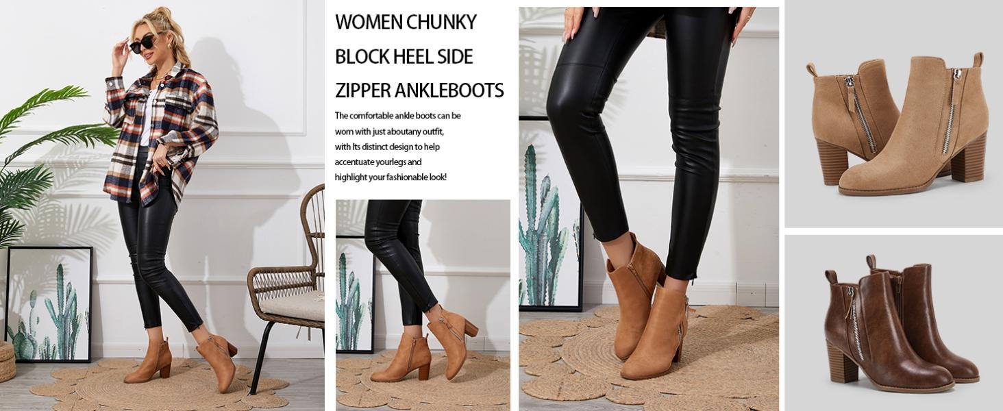 Coutgo Ankle Boots for Women Chunky Block Heel Side Zipper Pointd Toe Suede Fall Winter Bootie Shoes