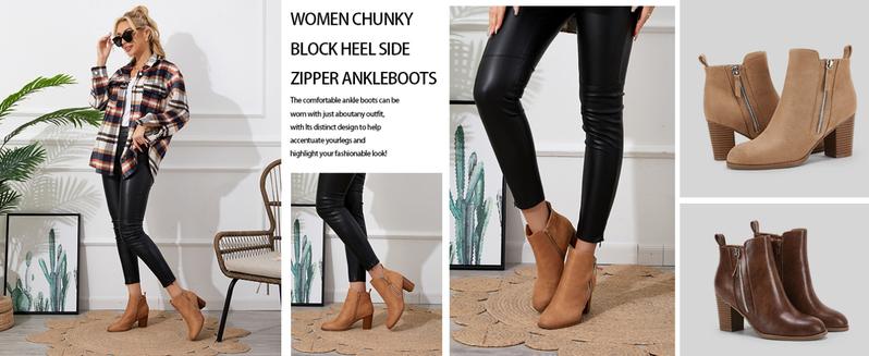 Coutgo Ankle Boots for Women Chunky Block Heel Side Zipper Pointd Toe Suede Fall Winter Bootie Shoes