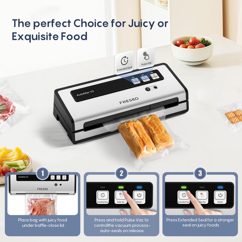 FRESKO AutoMax V2 Compact Vacuum Sealer Machine, Automatic Food Saver with Double Heat Seal, Includes Bags & Starter Kit