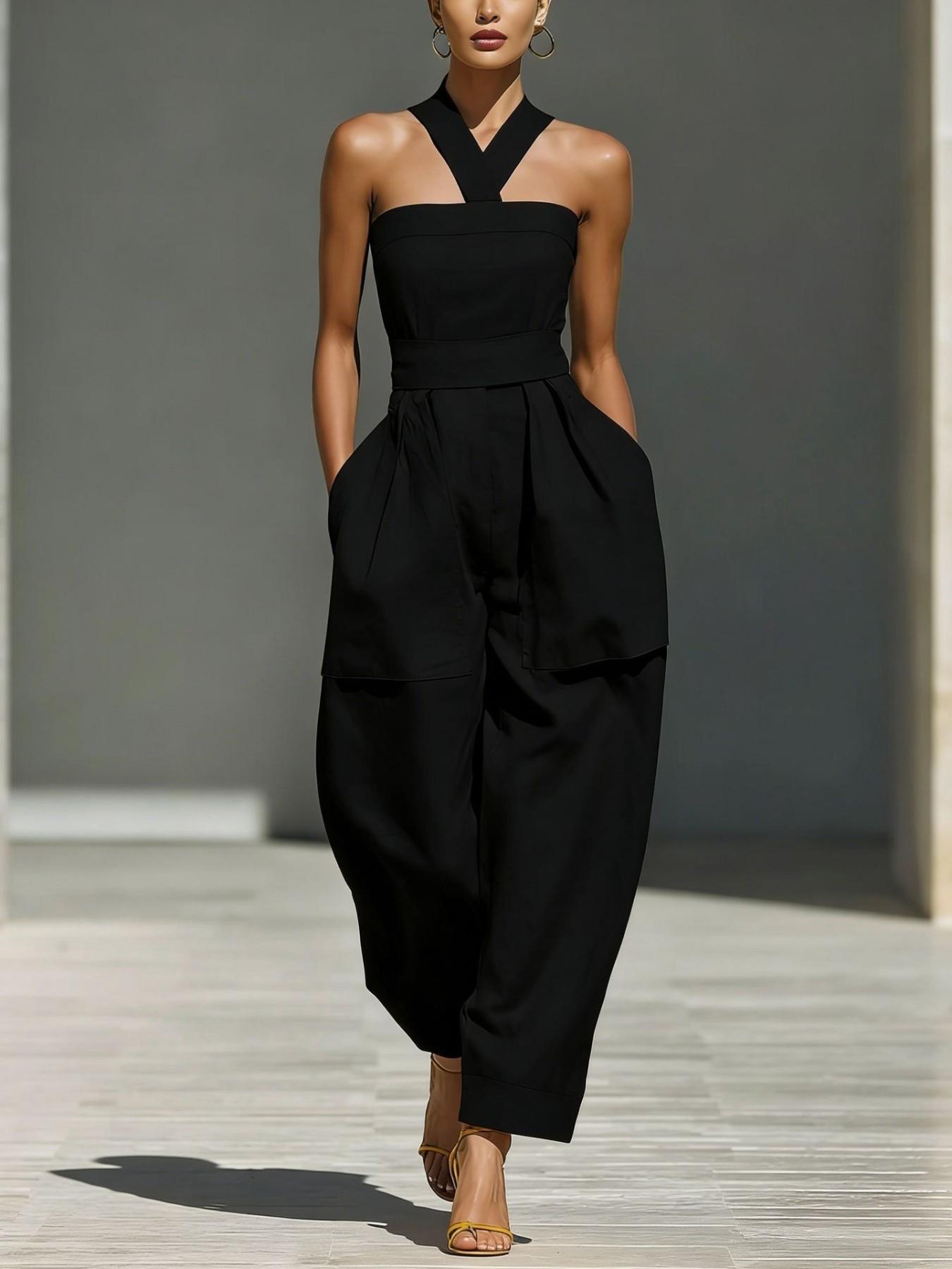 2026 Summer New Solid Color Cross Halter Neck with Pockets Loose Fit Women's Romper, Stylish and Comfortable One-Piece