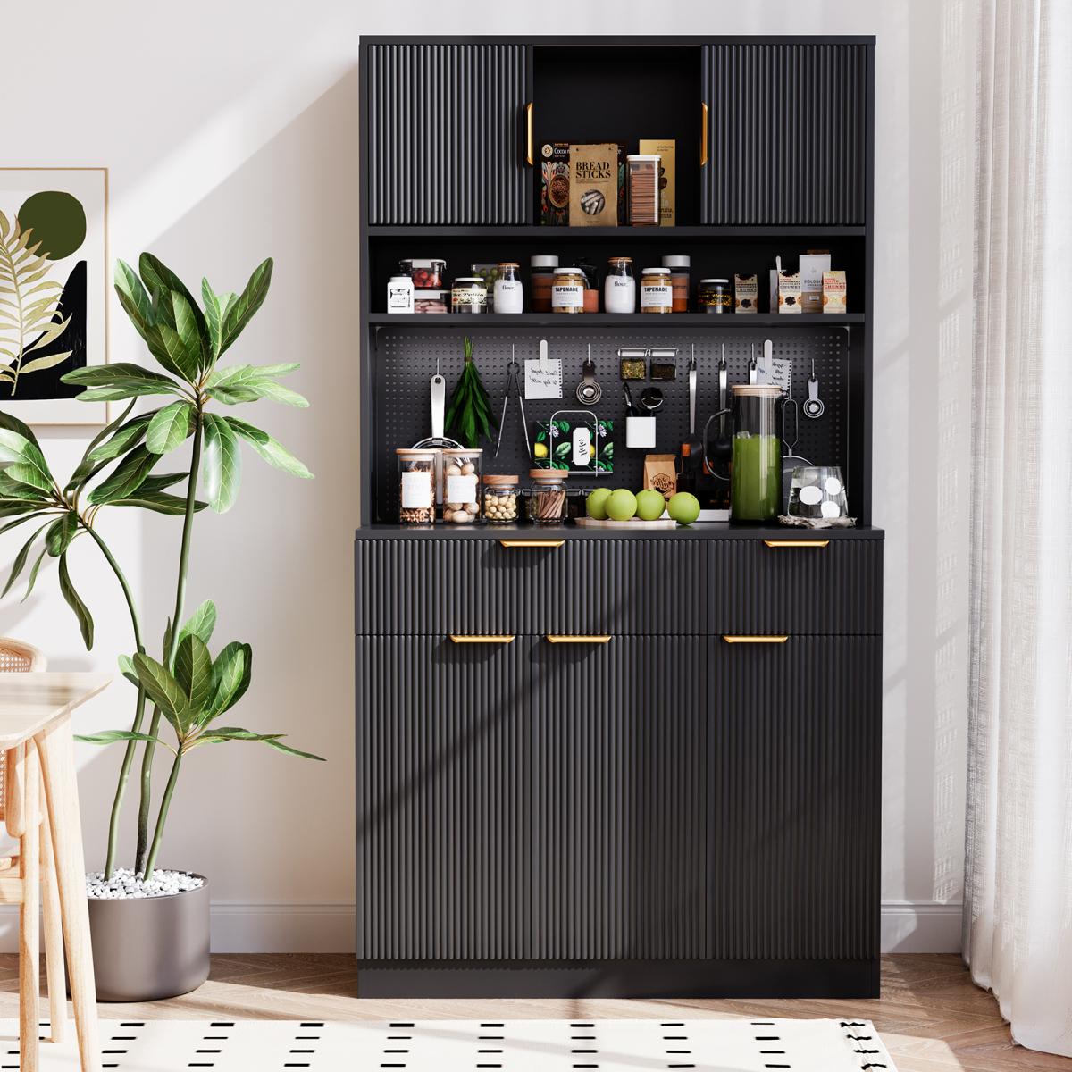 Aobtkel 73" Rectangular MDF Wood Fluted Texture Kitchen Pantry Cabinet - Single Unit with Storage, Charging Hub Station, DIY Pegboard Includes Kits, Anti-Tip Base for Living Room Microwave Stand Hutch, Black, Pantry Organization