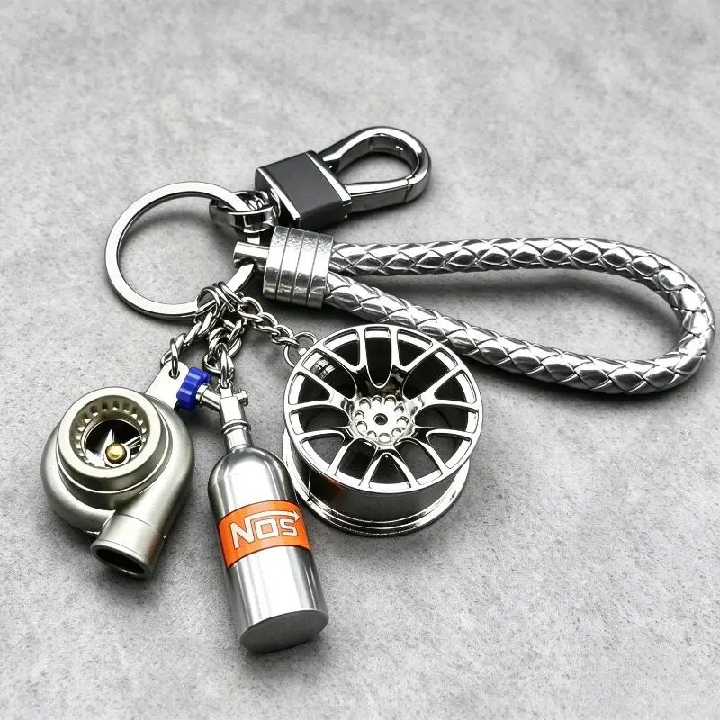 3Pcs JDM Style Car Keychain Set for Men - Solid Metal Alloy Automotive Part Charms with Braided Wrist Strap, Heavy Duty Snap Hook Wheel Rim Brake Disc Coilover Shock Key Tag