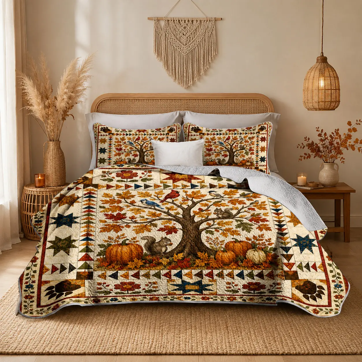 Back to School 3-Piece Autumn Tree Bird & Pumpkin Quilt Set, Bohemian Quilt Set, Boho Farmhouse Patchwork Bedspread with 2 Pillow Shams, Soft Lightweight Fade-Resistant All-Season Bedding for Queen/King Beds, Thanksgiving Decor