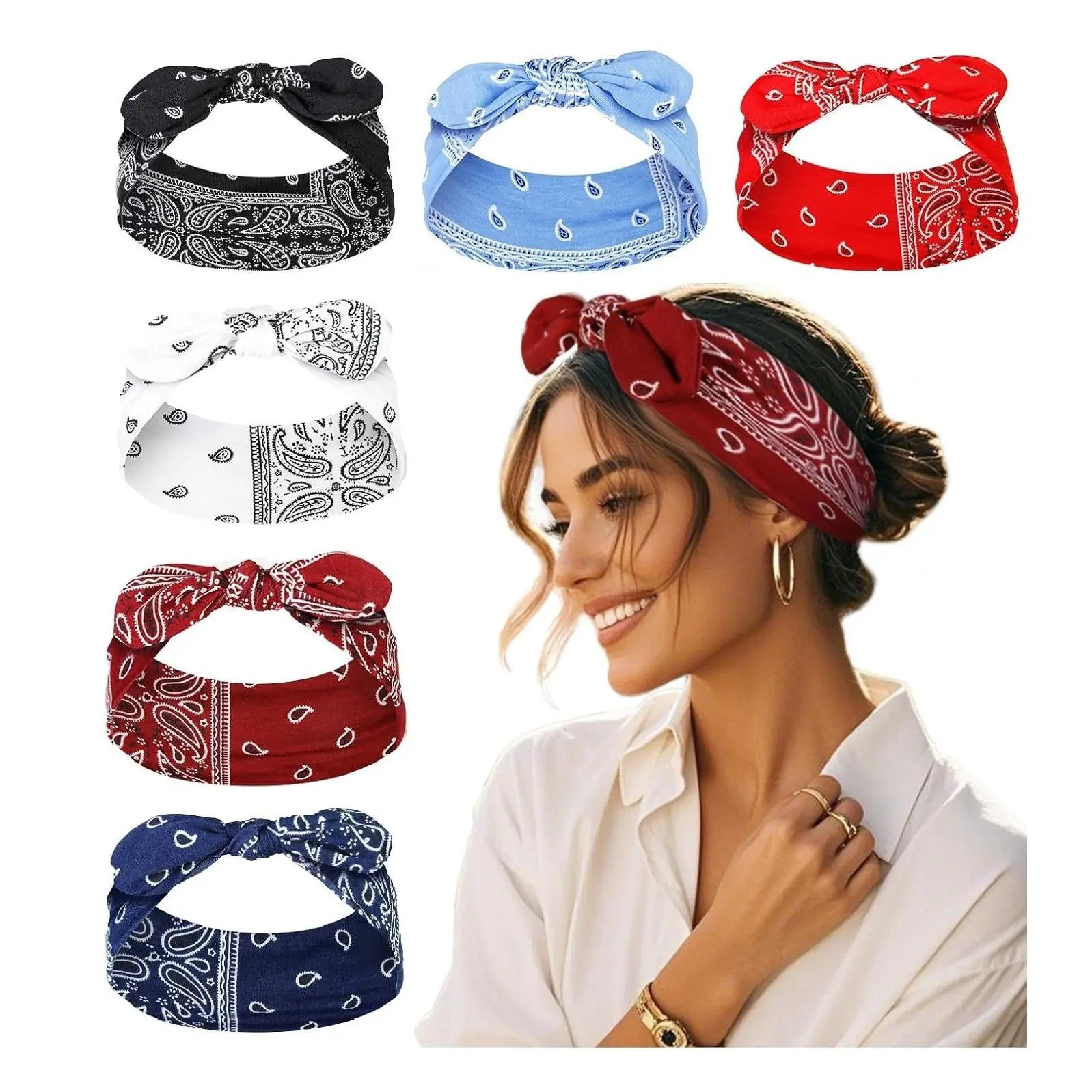 Women's Boho Paisley Print Bandana Headbands with Elastic Bow, Non-Slip Wide Headwraps, Vintage Cute Hair Accessories, 6 PackGift