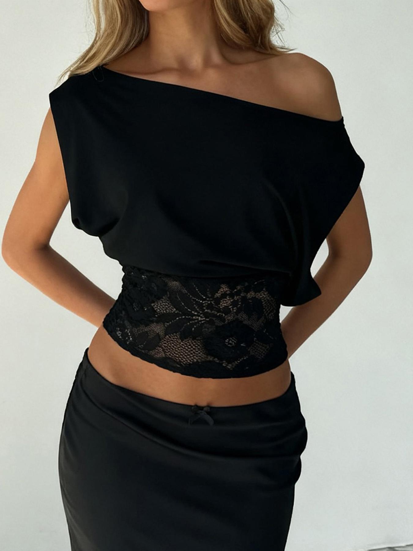 Women's Elegant Chic Lace Patchwork Asymmetric Sleeveless Top, Slim-Fitting Plain Design, Perfect for Casual and Stylish, Asymmetrical