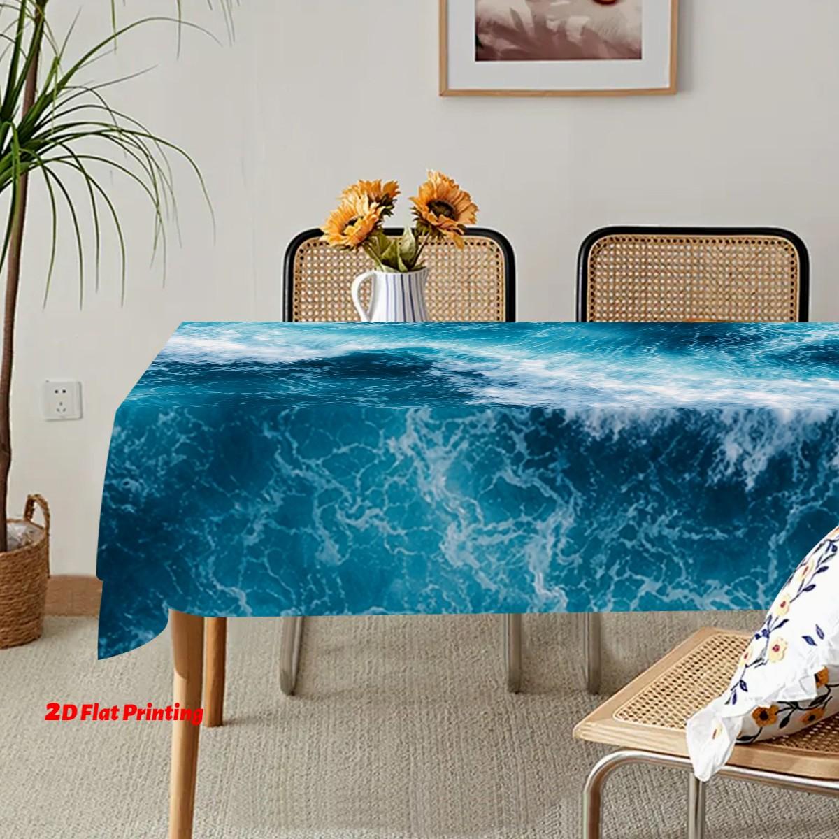 Blue Ocean Wave Rectangular Tablecloth, Thick Polyester, Machine-Made, Durable & Stylish, Party Decor, Coastal Aesthetic, Easycare Fabric