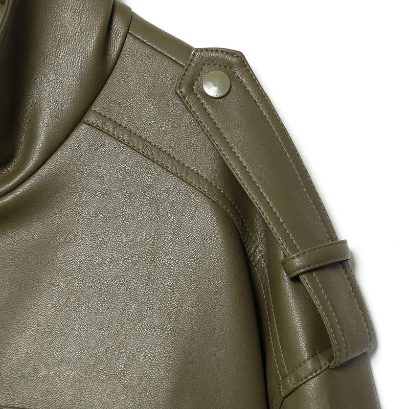 Women's Olive Green Faux Leather Bomber Moto Jacket with Stand Collar and Flap Pockets, Short Layered Streetwear Outerwear