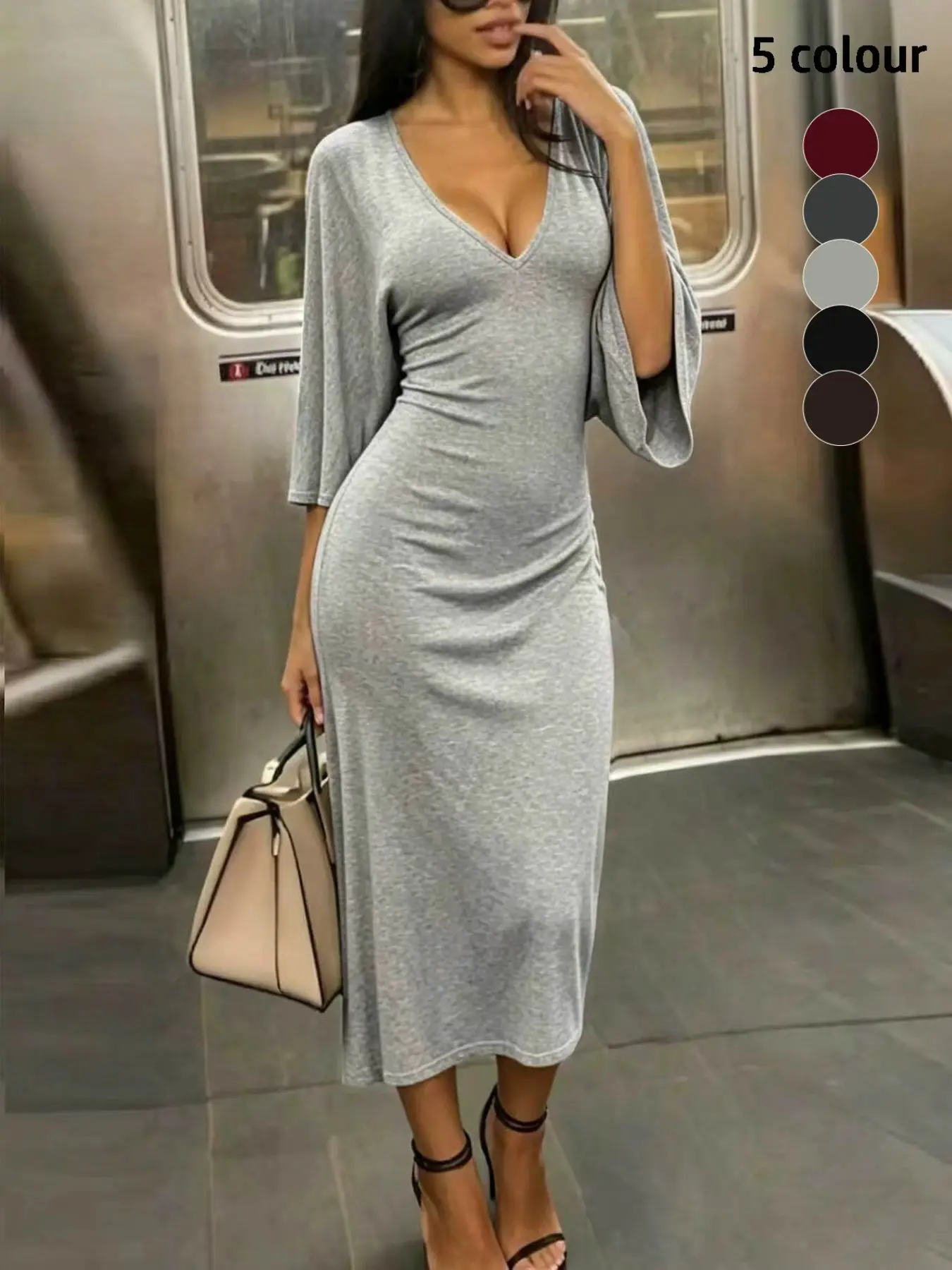 Deep V Bat Sleeve Slim Fit Mid Length Dress, European And American Light Mature Spicy Girl Style Straight Tube Mid Length Dress With Waist Bag And Hip Design, Suitable For Urban Commuting, Date Dinners, City Street Photography, And Nighttime Outings