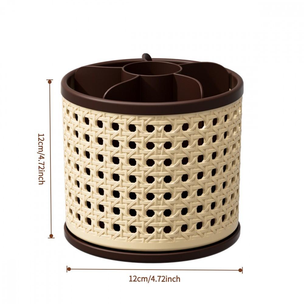 Vintage Woven Makeup Organizer, Large Capacity Rotating Desk Pen Holder, Detachable Easy Clean Compartment Brush Storage Box
