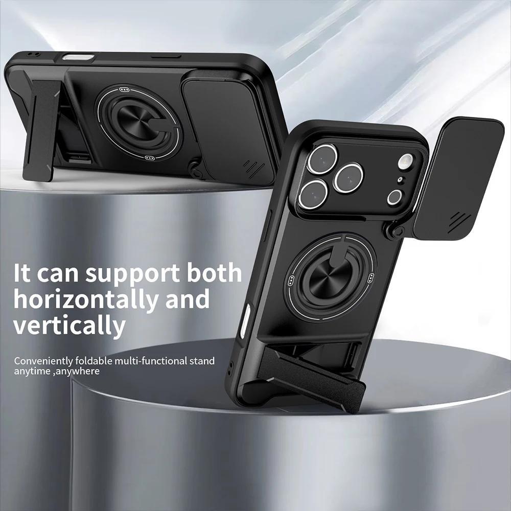 Phone Case: 3pcs Set[1 Phone Case+2 Screen Protectors] Luxury Multi-Functional Creative Push Window Rotating Ring Stand Phone Case Compatible with iPhone 17 16 15 14 13 12 11 Pro Max Plus Durable Fashion Magnetic Wireless Charging Shockproof Lens