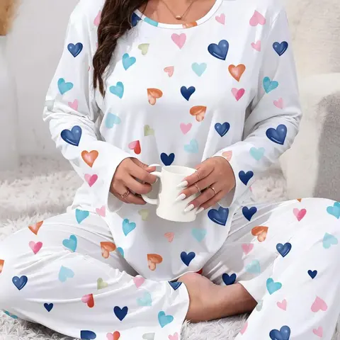 Plus Size Two-Piece Matching Heart Print Knit Pajama Set, Casual Fitted Long Sleeve Round Neck Tee & Pants, Women's Plus Sleepwear, Loungewear & Homewear for Spring & Fall, Pyjamas, Pjs, Pajamas Sets #GLOBAL PICKS
