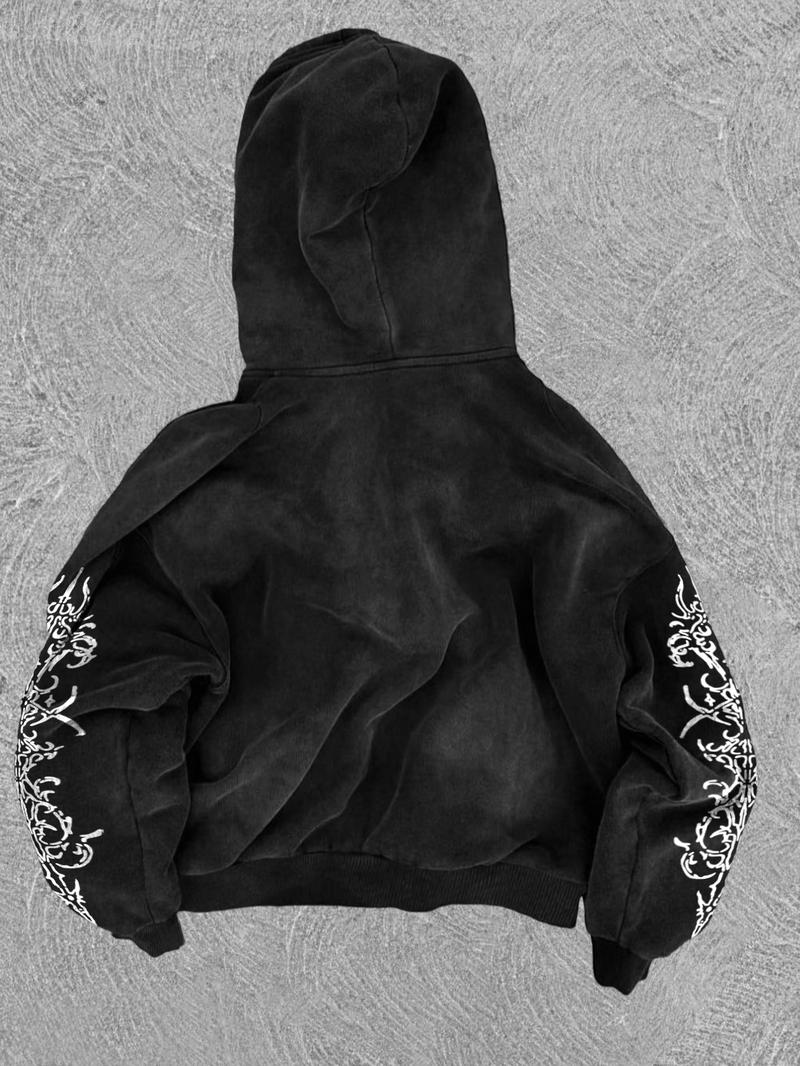 Men's Washed Cotton Hoodie Cardigan, Gothic Print, Casual Long Sleeve Pullover, Fall & Winter Fashion, Comfortable and Stylish