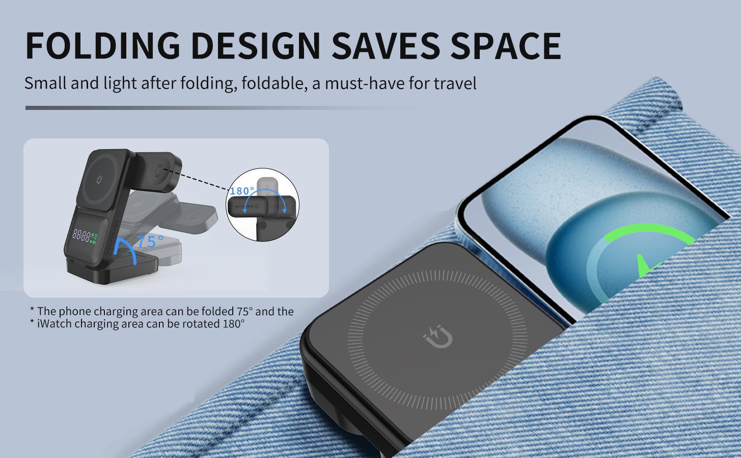 S1-A Folding 3-in-1 Magnetic Wireless Charging Station with Digital Clock - Fast Qi Charger for Qi-Enabled Cellphones, Wearables & Earbuds, Desk & Travel Portable Electronic Accessories Dock Stand