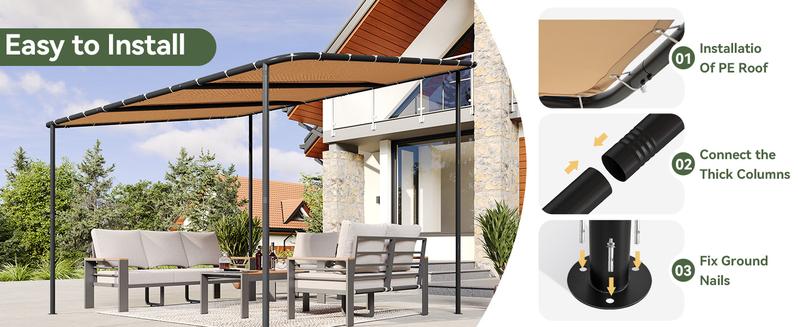 Aoxun Lean-to Gazebo 10x12 Ft Metal Frame Waterproof Roof UV Protection Khaki Wall Mounted Patio Cover for Outdoor Backyard Garden UPF50+ Sun Protection storage