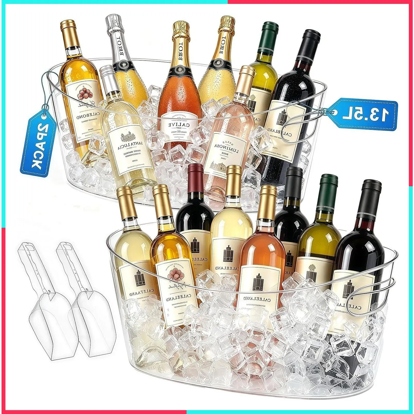 13.5L Ice Bucket 2 Pack for Parties, Large Beverage Tub with Handle for Cocktail Bar, Drink Cooler for Wine Beer Champagne, Bucket with Scoop for Mimosa Bar