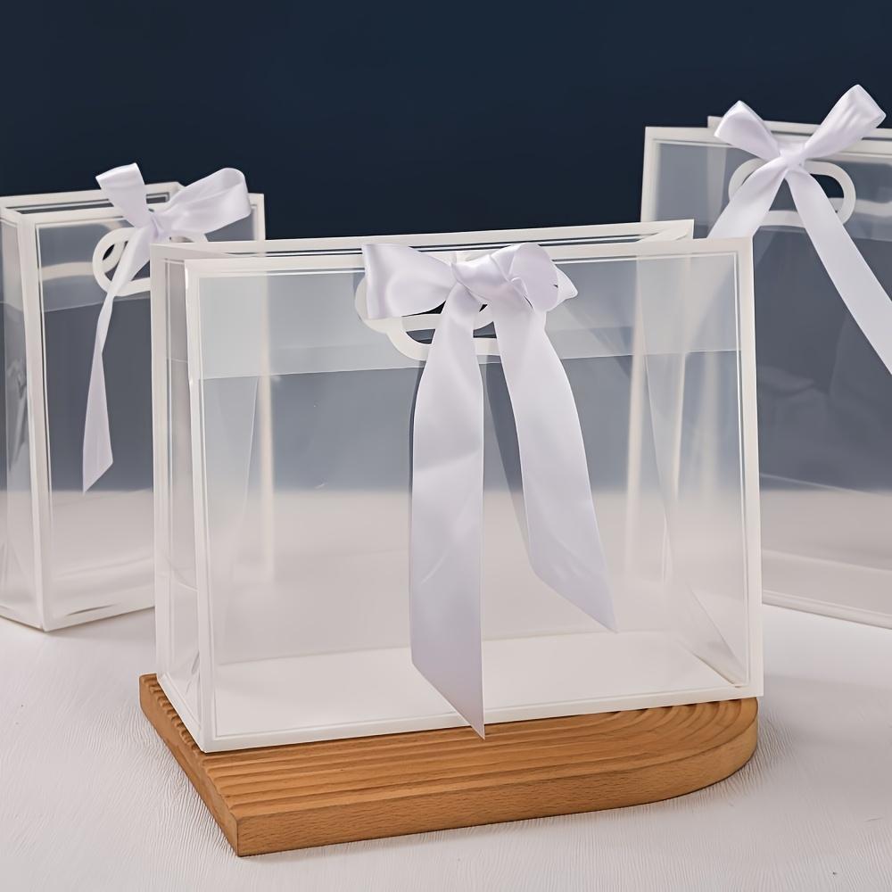 2pcs White Ribbon Handle Clear Gift Bag | Reusable, Durable, Sturdy Handle, Elegant Presentation | Weddings, Birthdays, Christmas, Easter, Mother's Day, Party, Celebration | Clear Gift Bag (Sac cadeau transparent)
