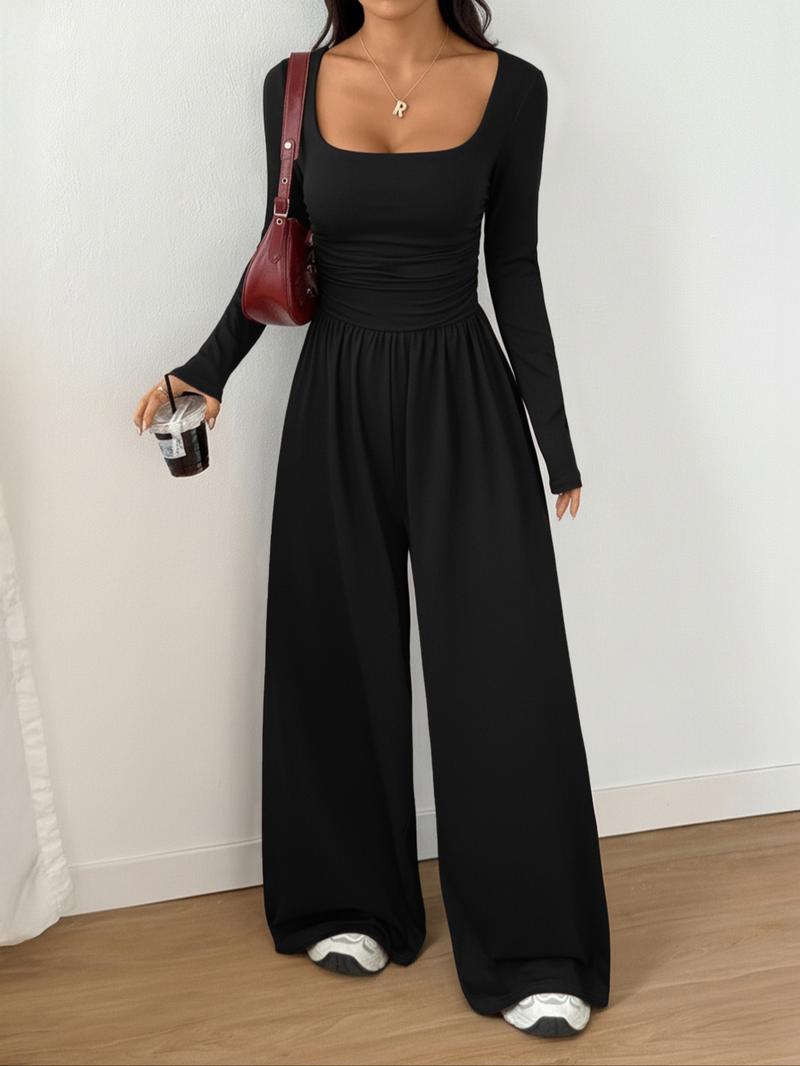 Women's 2-Piece Fall Winter Knit Solid Color Square Neck Fashion Comfortable Simple Versatile Long Sleeve Wide Leg Jumpsuit Set