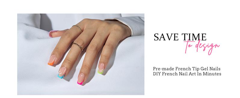 BTArtboxnails XCOATTIPS French Tips - 150pcs Brighter pastel Press On Nails Square or Almond or Coffin, Brighter pastel Short Fake Nails, Soak Off Soft Gel Acrylic Nail Extensions