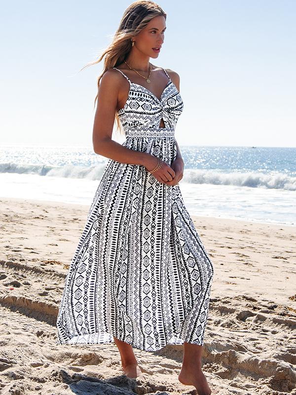 Popvil Tribal Printed Front Knot Cami Dress,Women's V Neck Sleeveless Seaside Vacation Maxi Dress for Summer,Causal Wear,dealsforyoudays