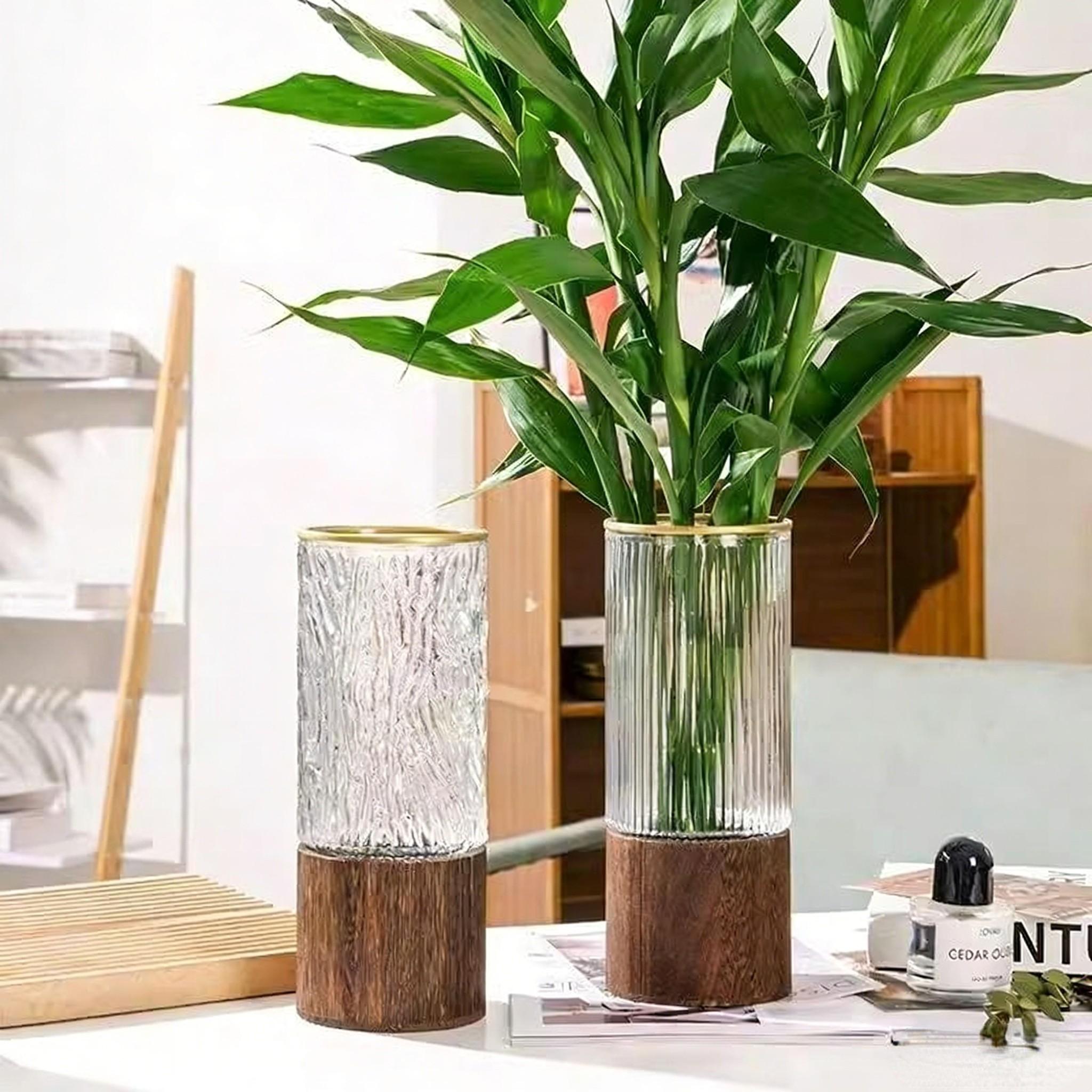 Modern Detachable Glass Flower Vase with Wooden Base, Gold Rim Ribbed/Ice Texture Vase for Home Decor, Perfect for Roses, Lucky Bamboo, Table Centerpieces