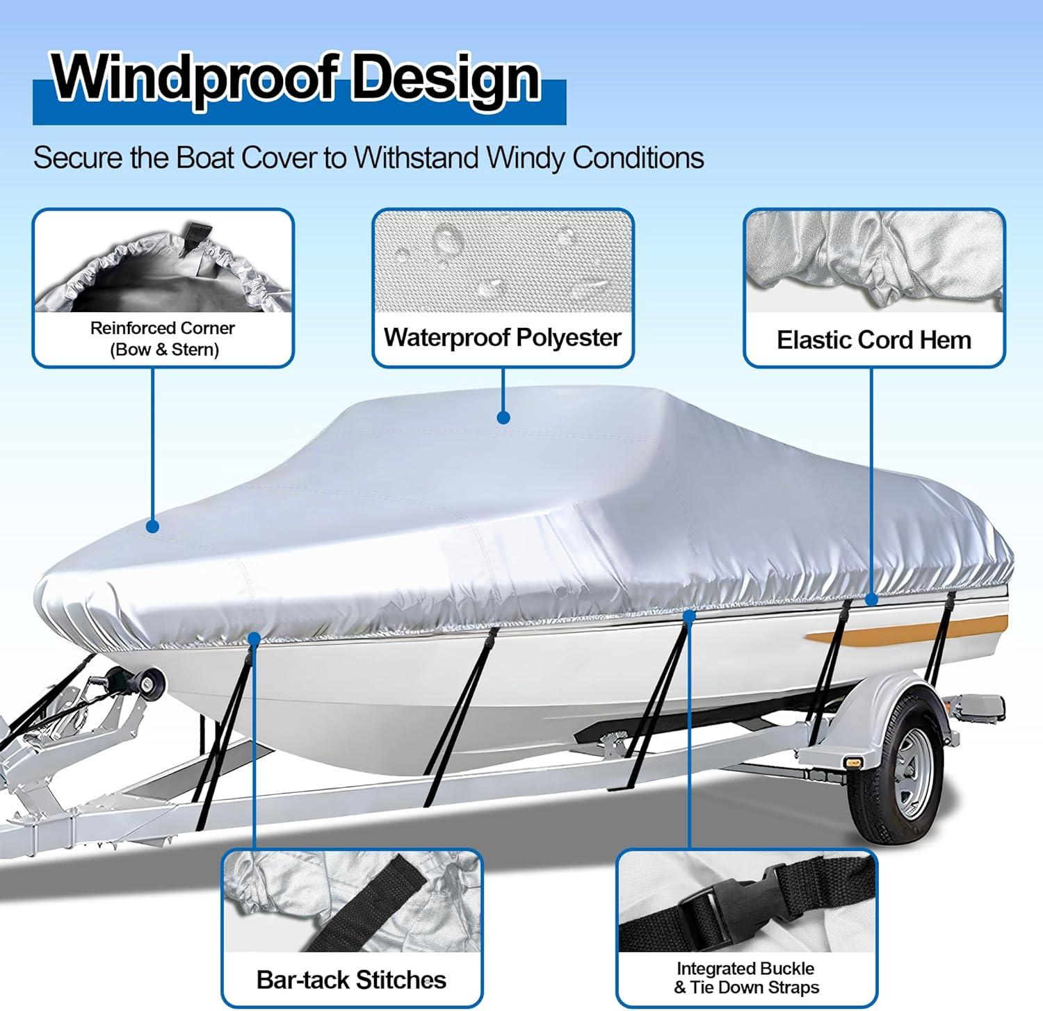 Trailerable PVC Coated Boat Cover - 16'-18.5' Heavy Duty Waterproof Tarp with Storage Bag, Fits V-Hull, Fish&Ski, Runabout (Up to 18.5ft L x 94in W), UV Resistant for Mooring, Trailering, Boat Storage, Pvc Coating